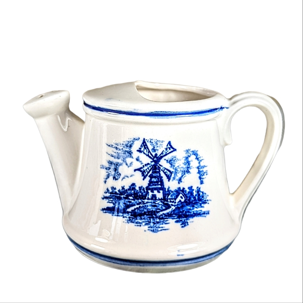 Nanco Vintage Japan Ceramic Watering Can Blue Transferware Windmill Delft Style